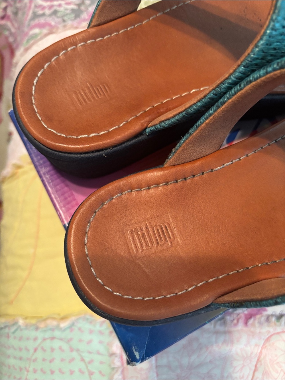 Fitflop Teal Woven Thong Sandals with Brown Footbed - Picture 4 of 7